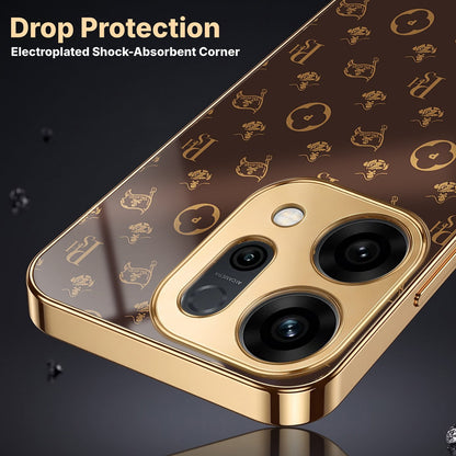 Oppo Reno 13 5G Luxury Monogram Brown Gold Electroplated Glass Phone Back Case