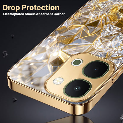 Vivo T5x 5G White Diamond Shatter Gold Electroplated Glass Phone Back Case
