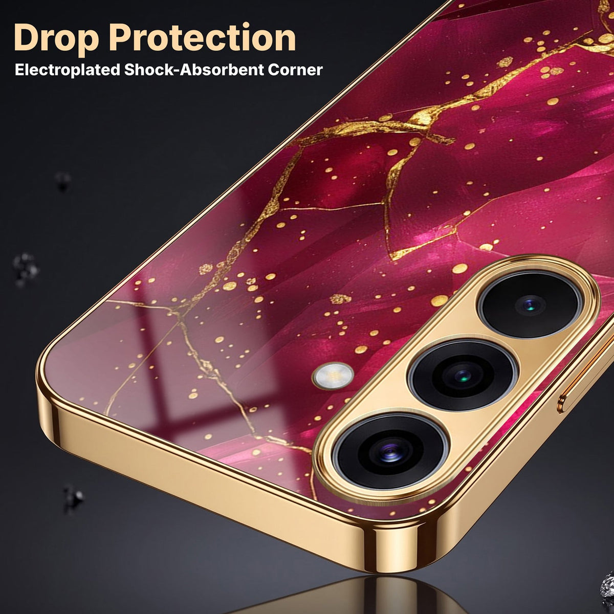 Samsung Galaxy A56 5G Luxury Crimson Marble Gold Electroplated Glass Phone Back Case