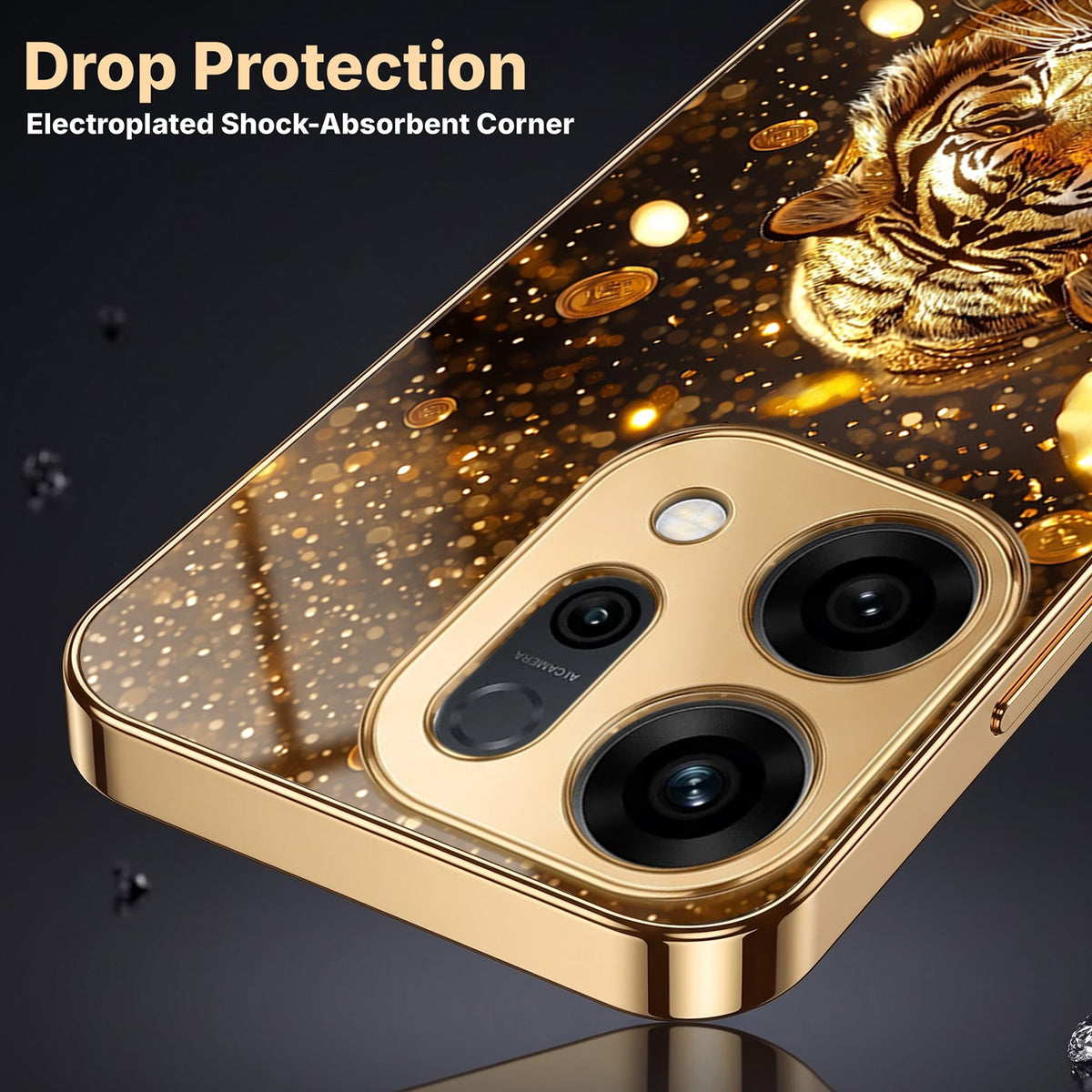 Oppo Reno 14 5G Luxury Tiger Gold Electroplated Glass Phone Back Case