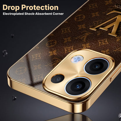 Oppo Reno 13 5G LV Brown Monogram Gold Electroplated Glass Phone Back Case
