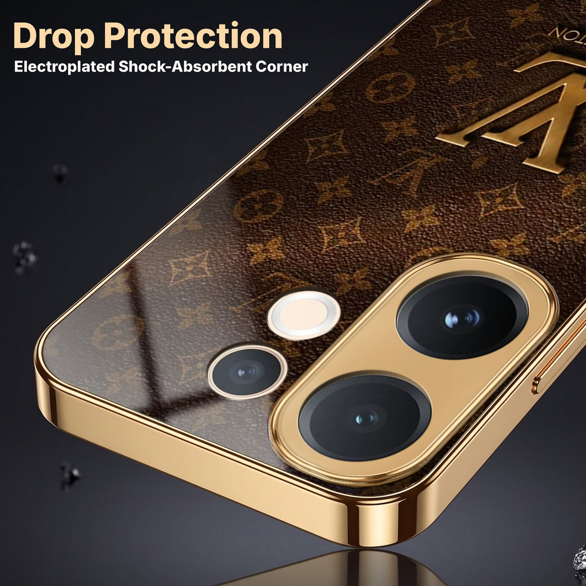 Vivo V60 5G LV Brown Monogram Gold Electroplated Glass Phone Back Case
