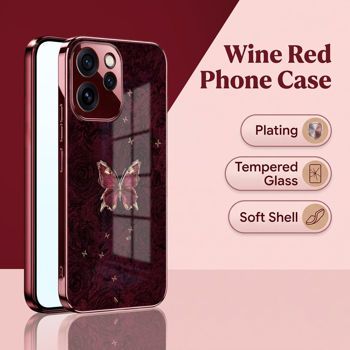 Oppo Reno 15 Pro Mini 5G Butterfly Burgundy Electroplated Glass Back Case