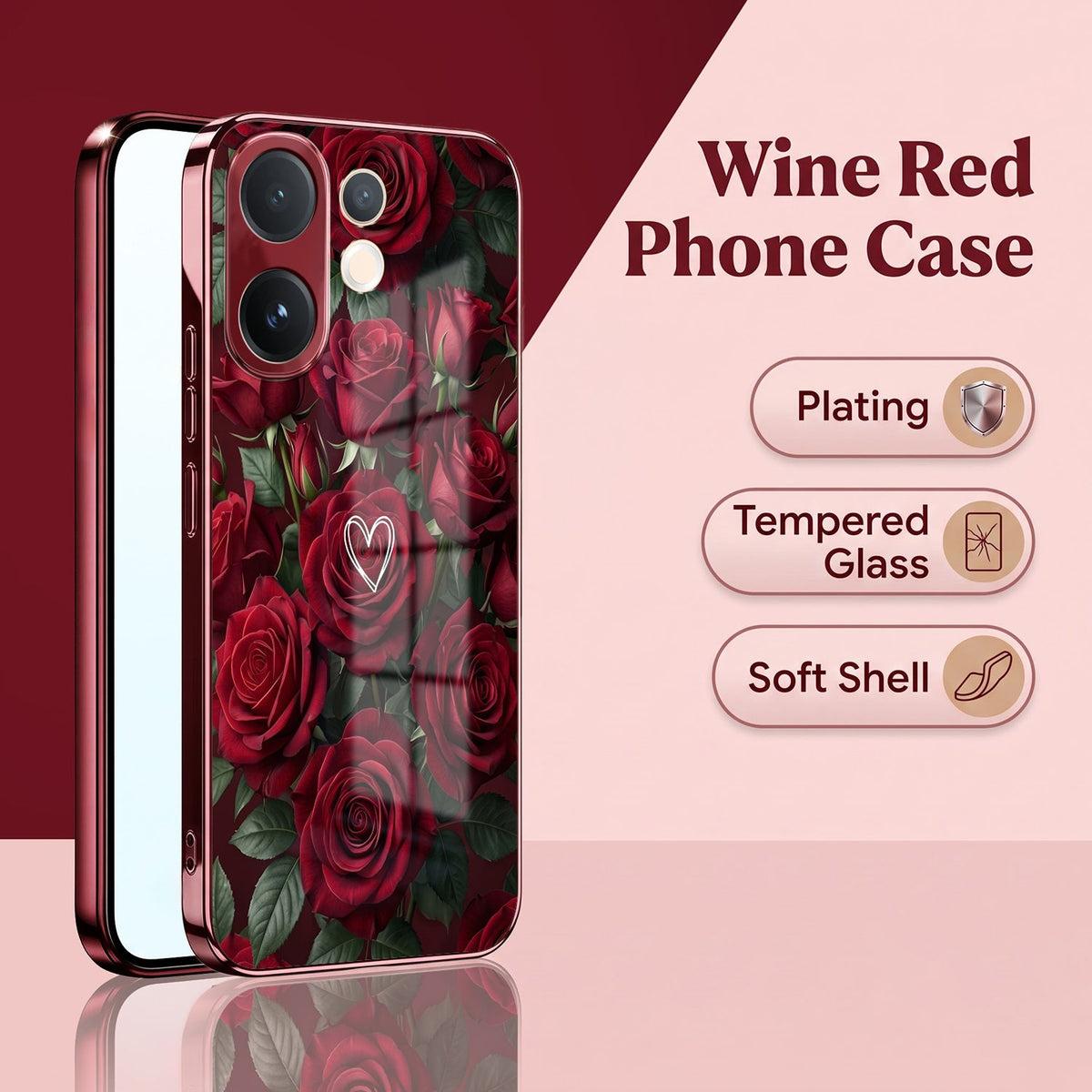 Vivo V60 5G Rose Heart Burgundy Electroplated Glass Back Case
