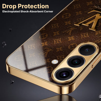 Samsung Galaxy A36 5G LV Brown Monogram Gold Electroplated Glass Phone Back Case