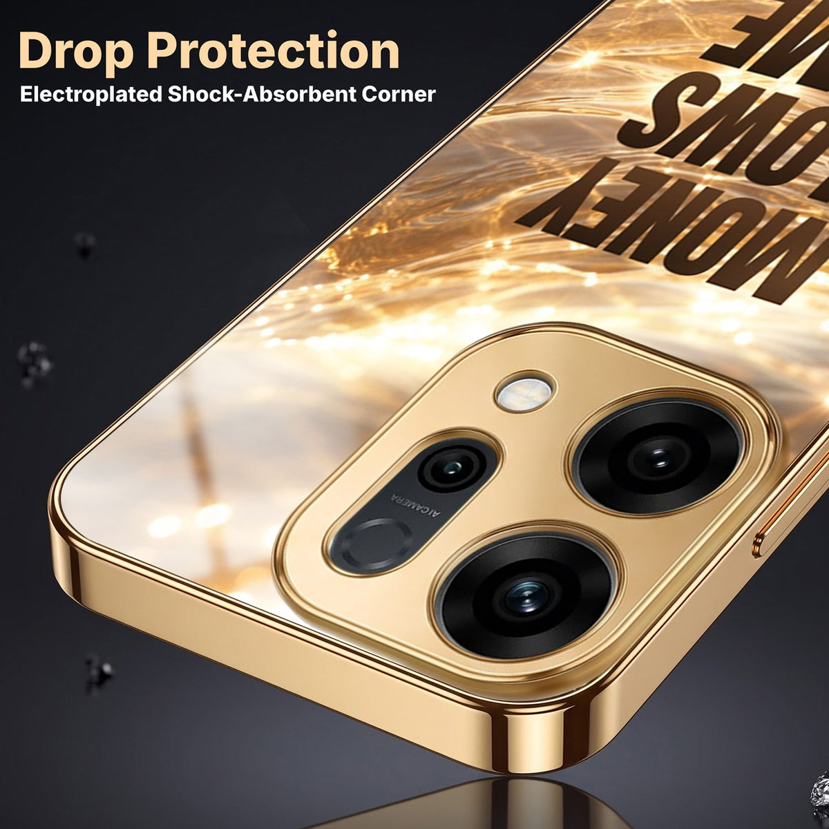 Oppo Reno 14 5G Money Flows To Me Gold Electroplated Glass Phone Back Case