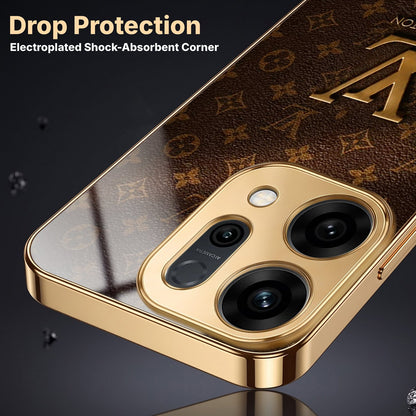 Oppo Reno 14 5G LV Brown Monogram Gold Electroplated Glass Phone Back Case