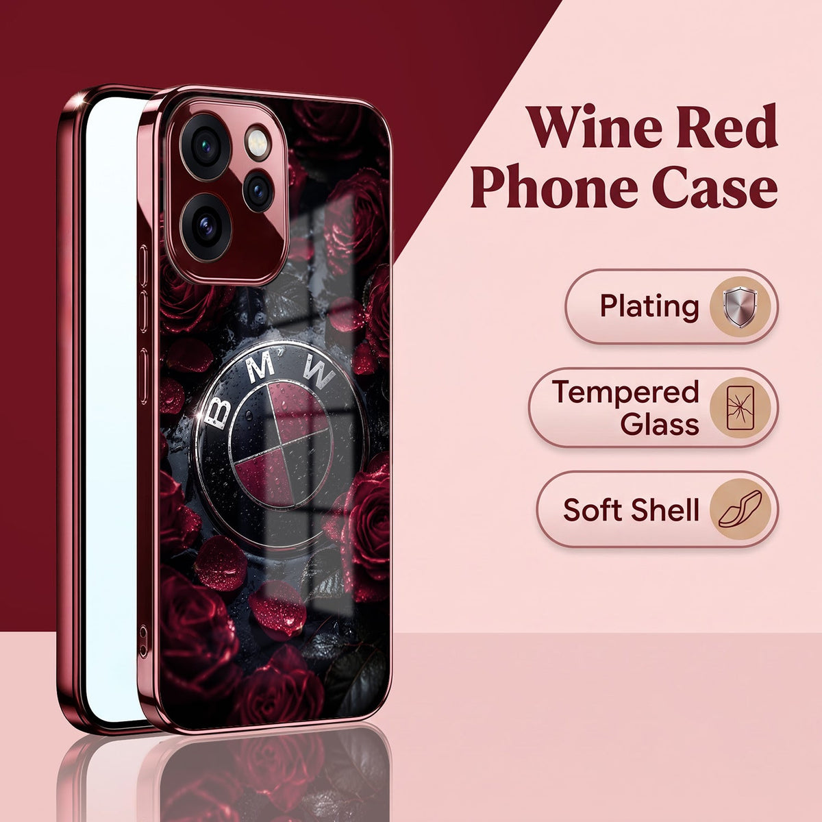 Oppo Reno 15 Pro Mini 5G BMW Logo Burgundy Electroplated Glass Back Case