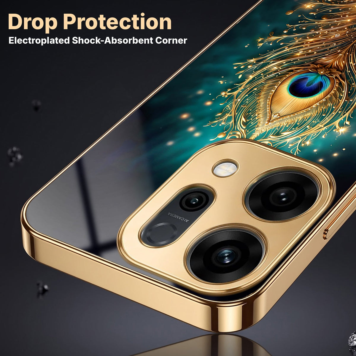 Oppo Reno 14 5G Golden Peacock Feather Gold Electroplated Glass Phone Back Case