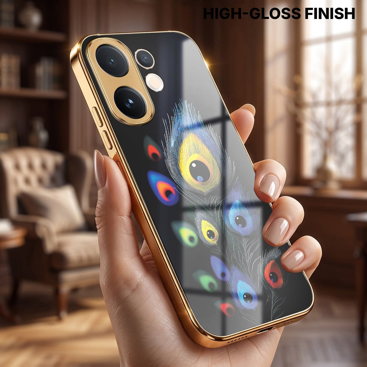 Vivo V60e 5G Multi-Feather Peacock Gold Electroplated Glass Phone Back Case