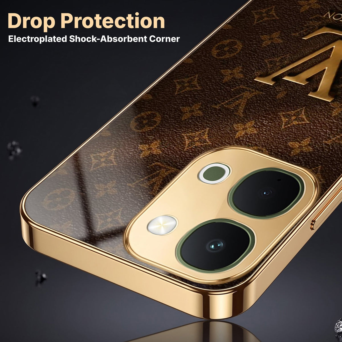 Vivo T5x 5G LV Brown Monogram Gold Electroplated Glass Phone Back Case