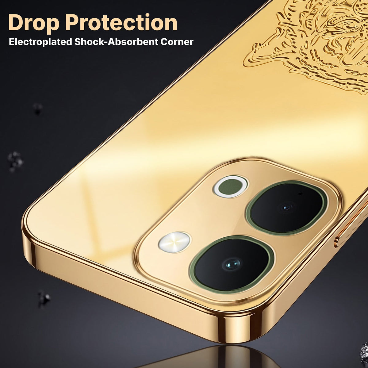 Vivo T5x 5G Golden Tiger Face Gold Electroplated Glass Phone Back Case