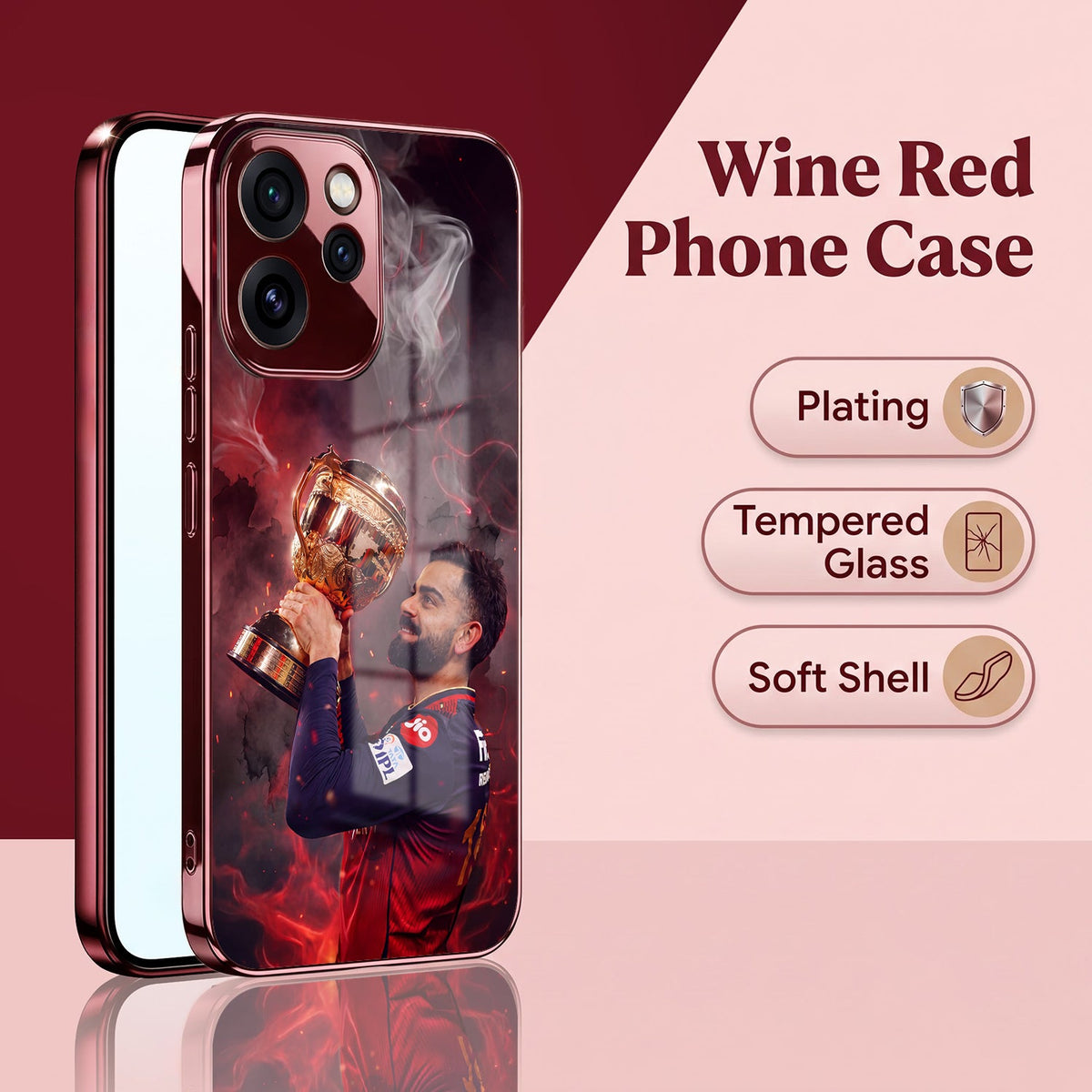 Oppo Reno 15 Pro Mini 5G Virat Kohli Burgundy Electroplated Glass Back Case
