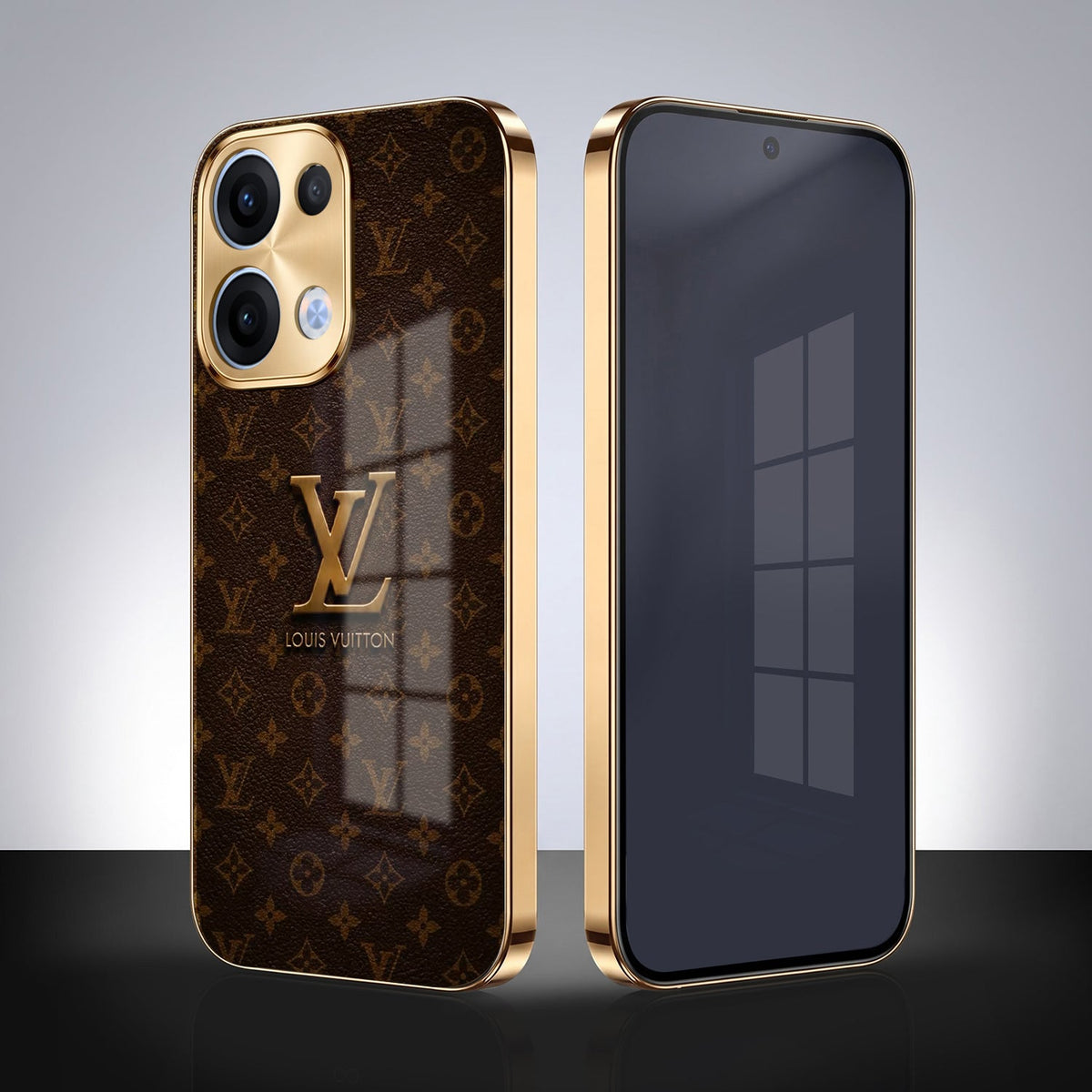 Oppo Reno 13 5G LV Brown Monogram Gold Electroplated Glass Phone Back Case