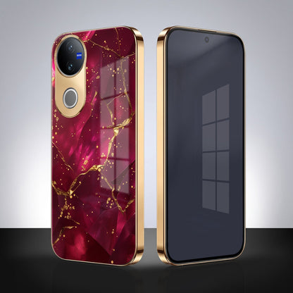 Vivo V50 5G Luxury Crimson Marble Gold Electroplated Glass Phone Back Case