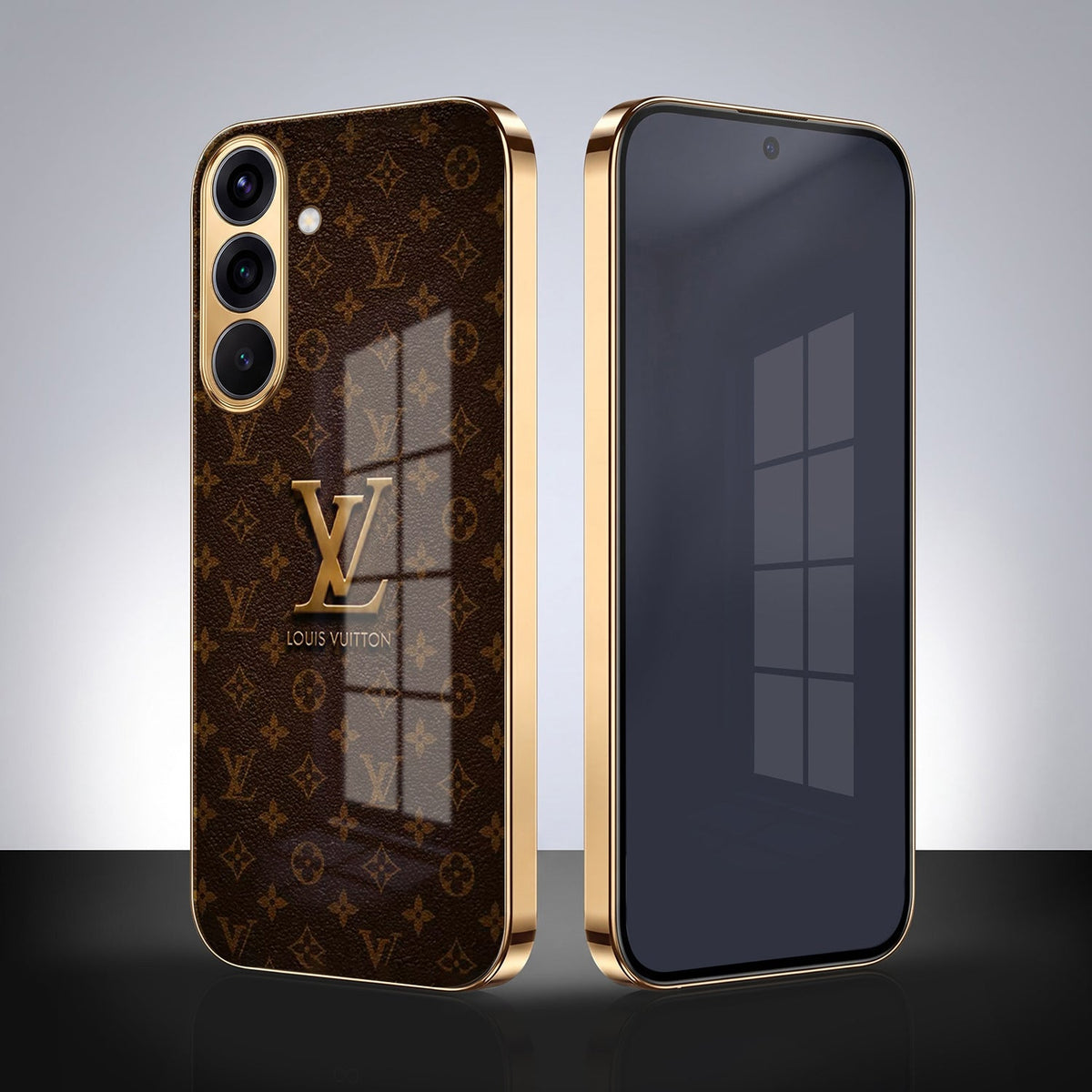 Samsung Galaxy A56 5G LV Brown Monogram Gold Electroplated Glass Phone Back Case