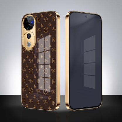 Vivo V40 Pro 5G Luxury Monogram Brown Gold Electroplated Glass Phone Back Case