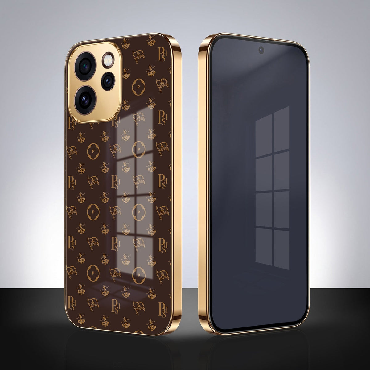 Oppo Reno 15 Pro Mini 5G Luxury Monogram Brown Gold Electroplated Glass Phone Back Case