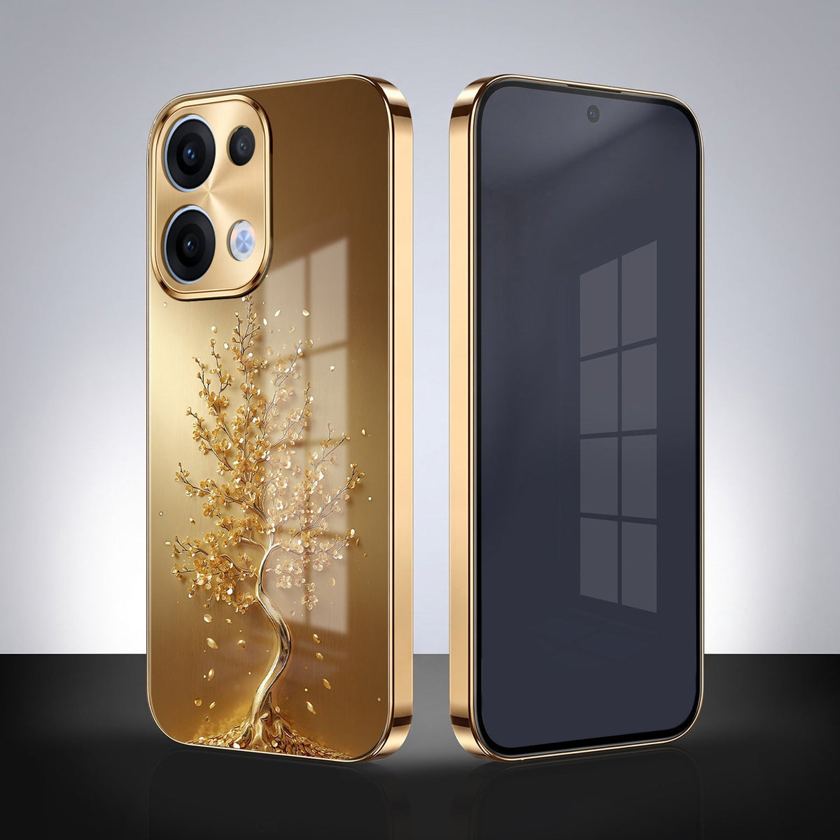 Oppo Reno 13 5G Golden Tree Gold Electroplated Glass Phone Back Case