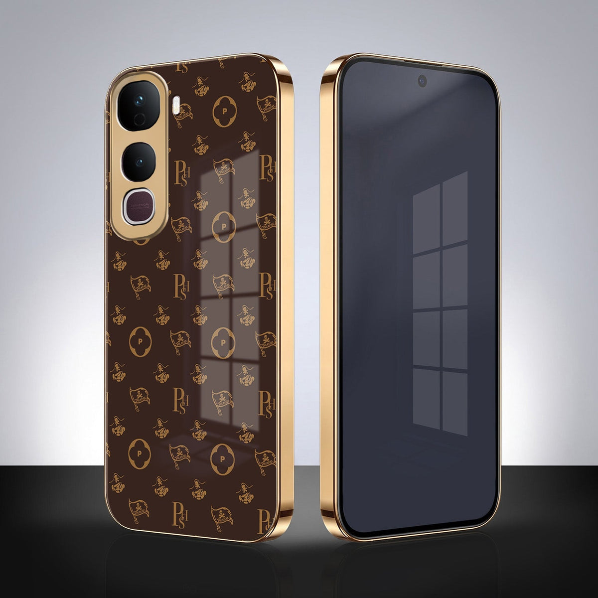 Vivo Y400 Pro 5G Luxury Monogram Brown Gold Electroplated Glass Phone Back Case