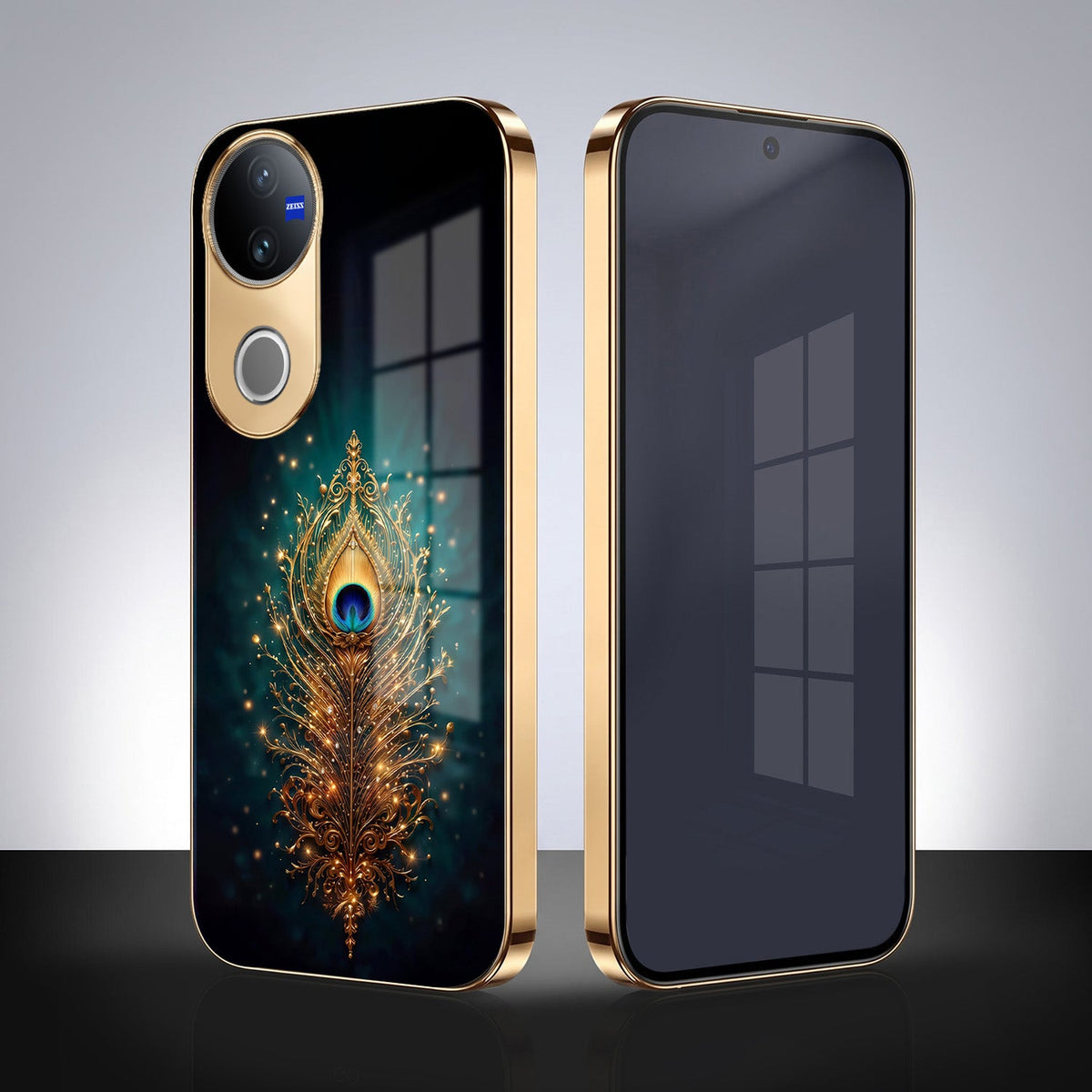 Vivo V50 5G Golden Peacock Feather Gold Electroplated Glass Phone Back Case