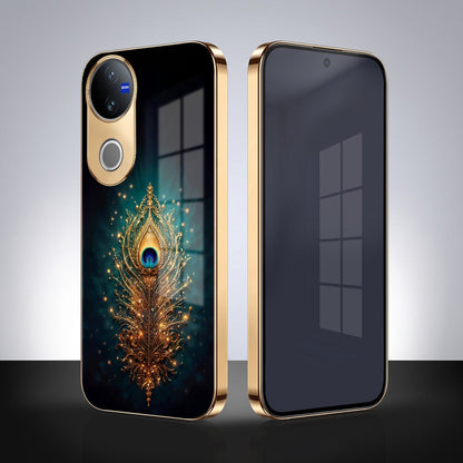 Vivo V50 5G Golden Peacock Feather Gold Electroplated Glass Phone Back Case