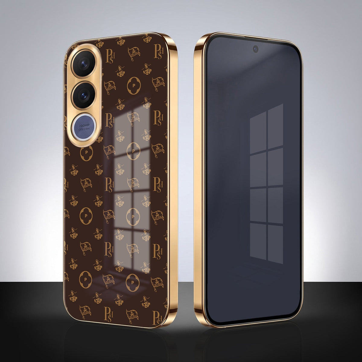 Vivo V70 FE 5G Luxury Monogram Brown Gold Electroplated Glass Phone Back Case