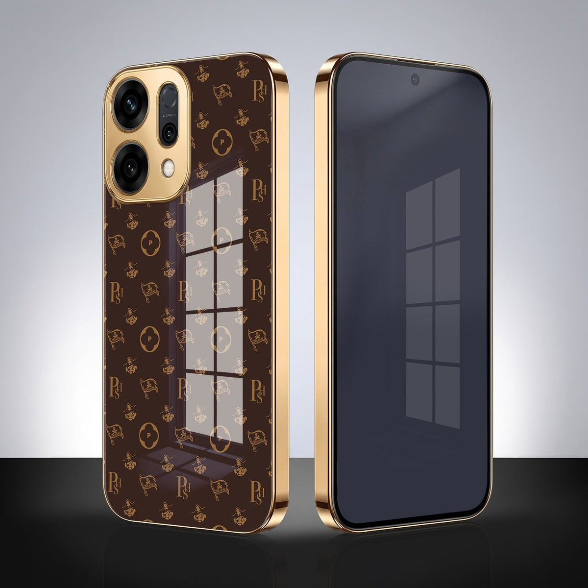 Oppo Reno 14 5G Luxury Monogram Brown Gold Electroplated Glass Phone Back Case