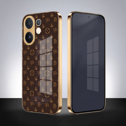 Vivo V60 5G Luxury Monogram Brown Gold Electroplated Glass Phone Back Case