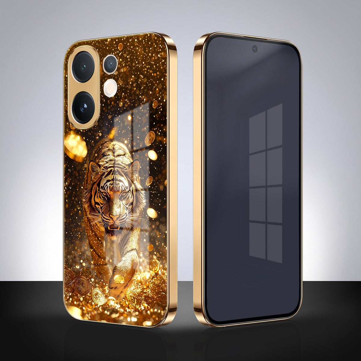 Vivo V60 5G Luxury Tiger Gold Electroplated Glass Phone Back Case