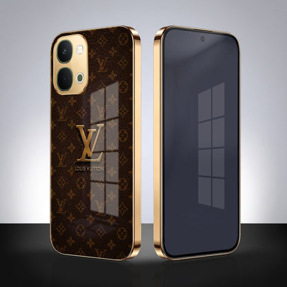 Vivo T5x 5G LV Brown Monogram Gold Electroplated Glass Phone Back Case