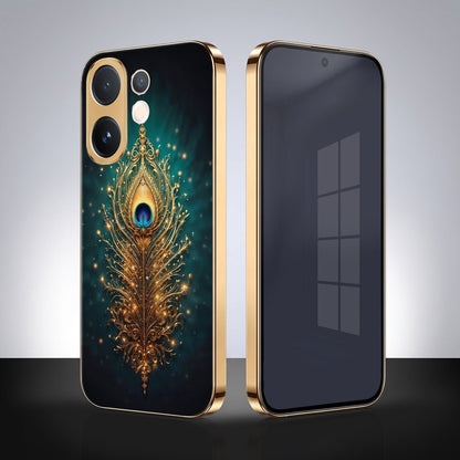 Vivo V60e 5G Golden Peacock Feather Gold Electroplated Glass Phone Back Case