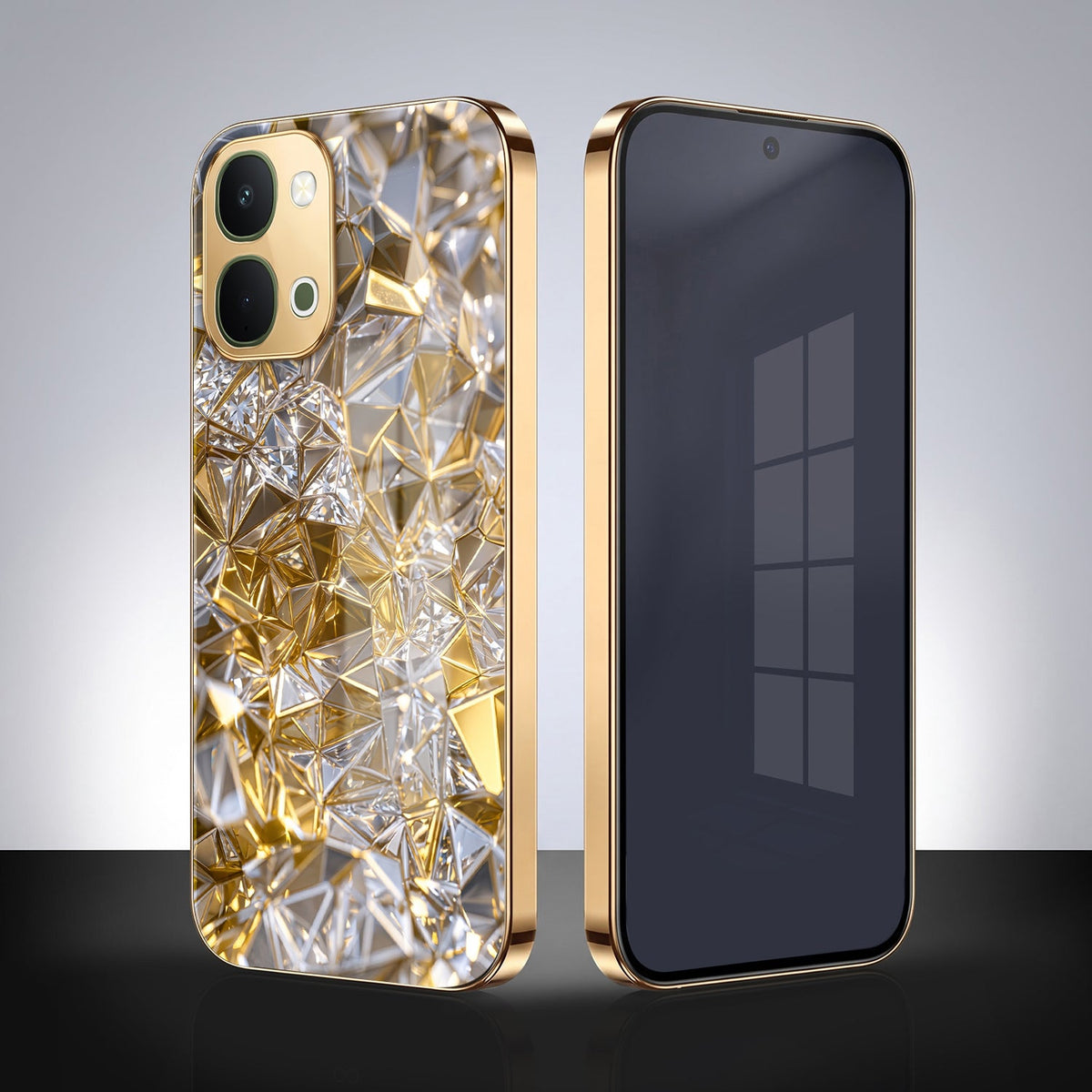 Vivo T5x 5G White Diamond Shatter Gold Electroplated Glass Phone Back Case