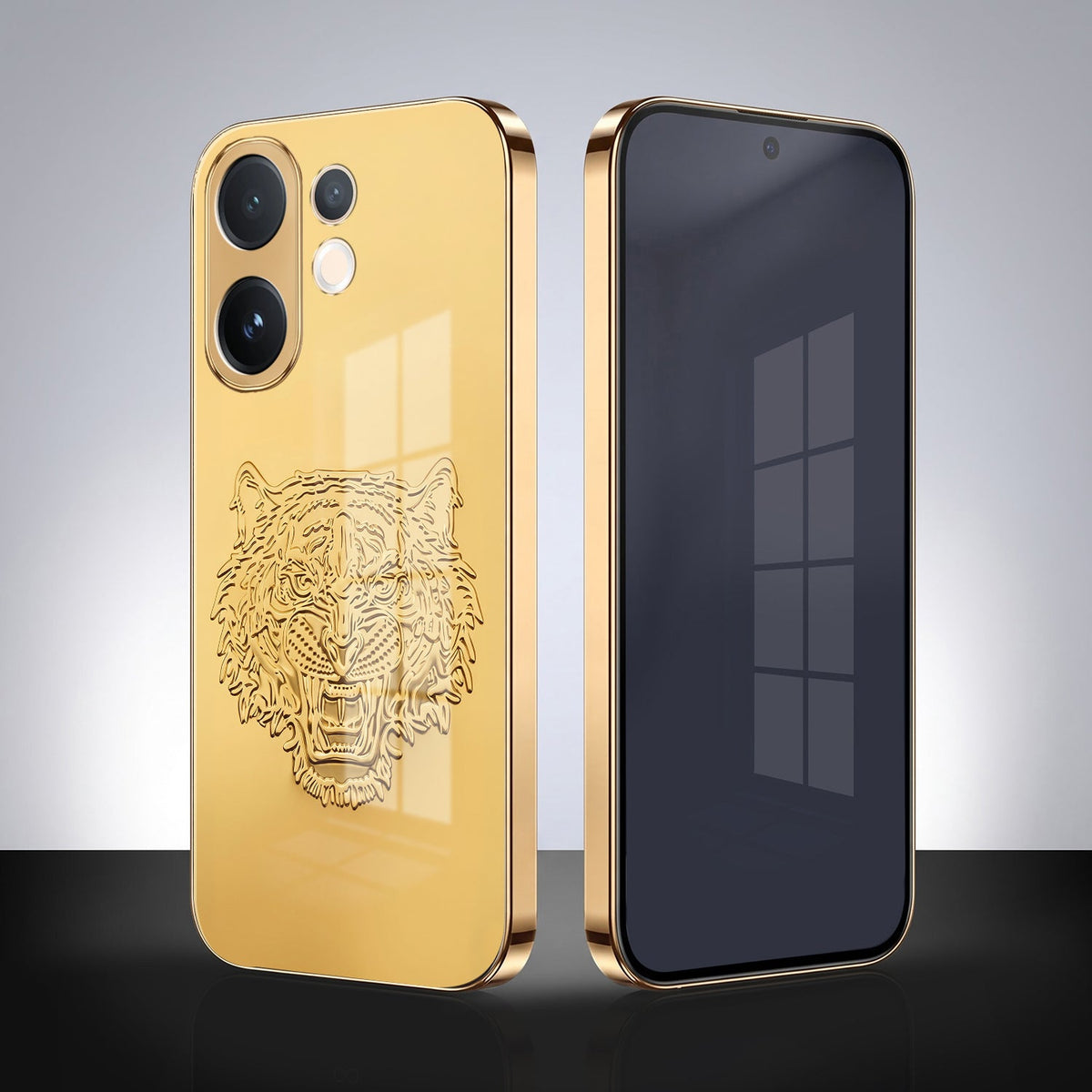 Vivo V60 5G Golden Tiger Face Gold Electroplated Glass Phone Back Case