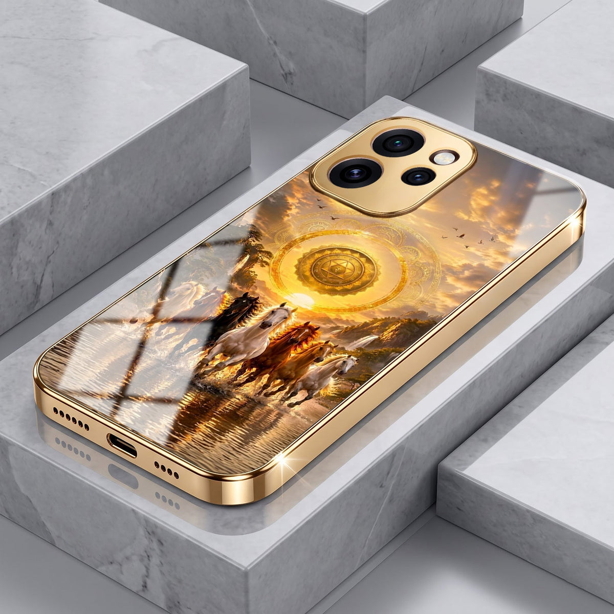 Oppo Reno 15 Pro Mini 5G Celestial Seven Horses Gold Electroplated Glass Phone Back Case