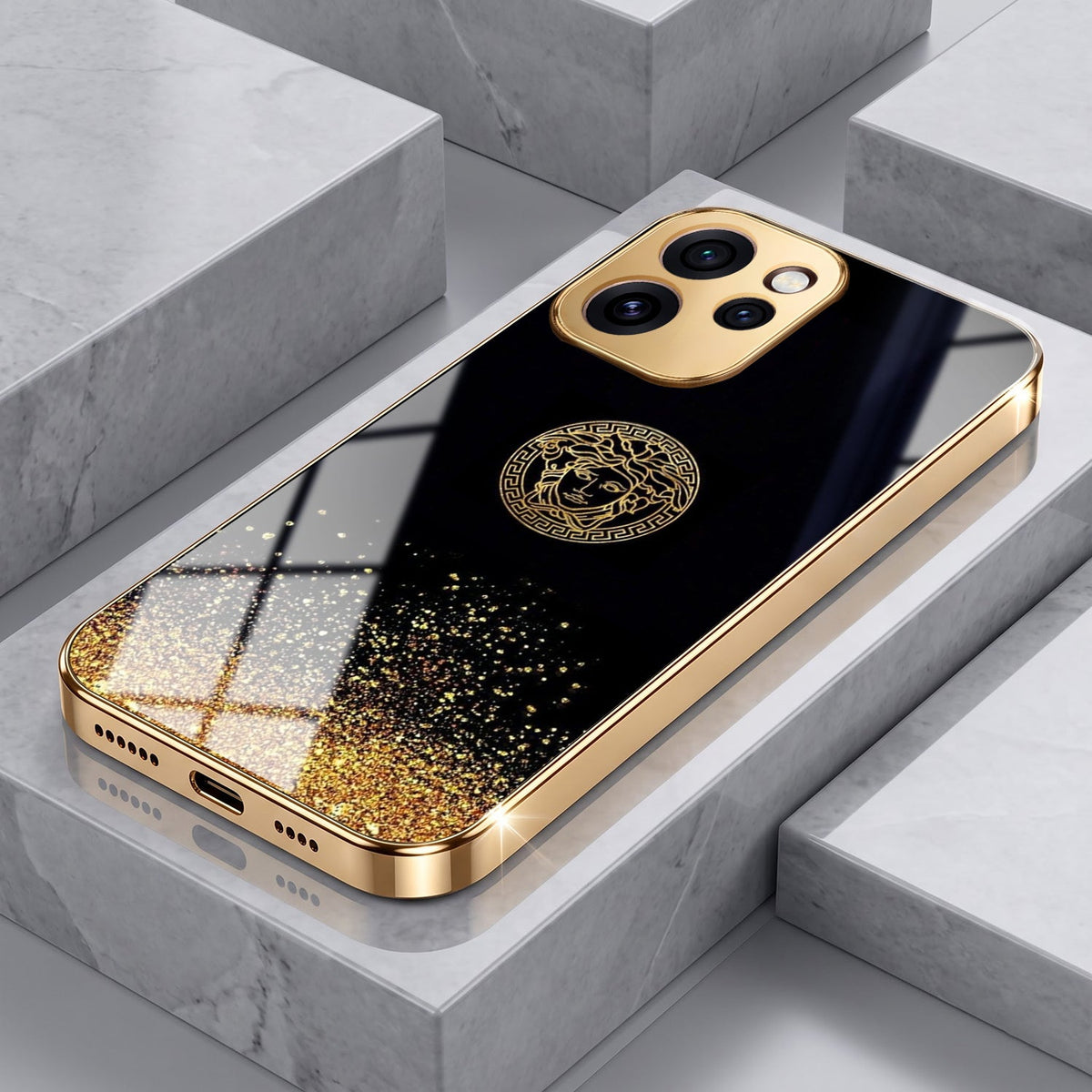 Oppo Reno 15 Pro Mini 5G Medusa Head Gold Electroplated Glass Phone Back Case