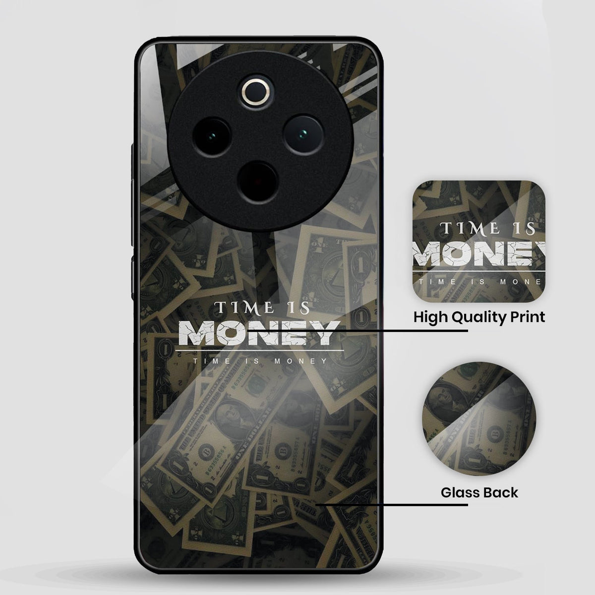 Vivo T4 5G Premium Acrylic Shockproof Glass Back Case (Time is Money)