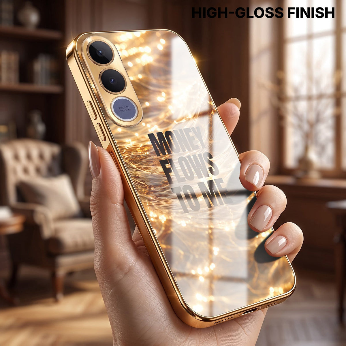Vivo V70 FE 5G Money Flows To Me Gold Electroplated Glass Phone Back Case