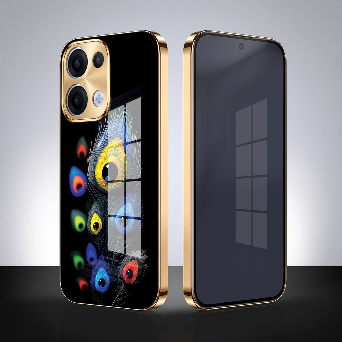 Oppo Reno 13 5G Premium Peacock Feather Gold Electroplated Glass Phone Back Case