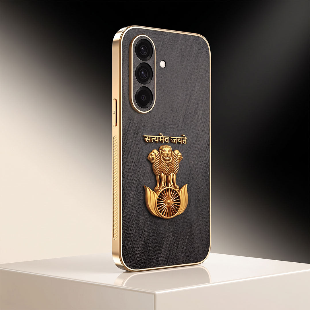 Samsung Galaxy A36 5G Satyamev Jayate 3D Electroplated Frame Gold Thread Pattern Hard Back Case