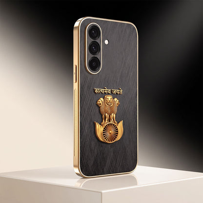 Samsung Galaxy A36 5G Satyamev Jayate 3D Electroplated Frame Gold Thread Pattern Hard Back Case