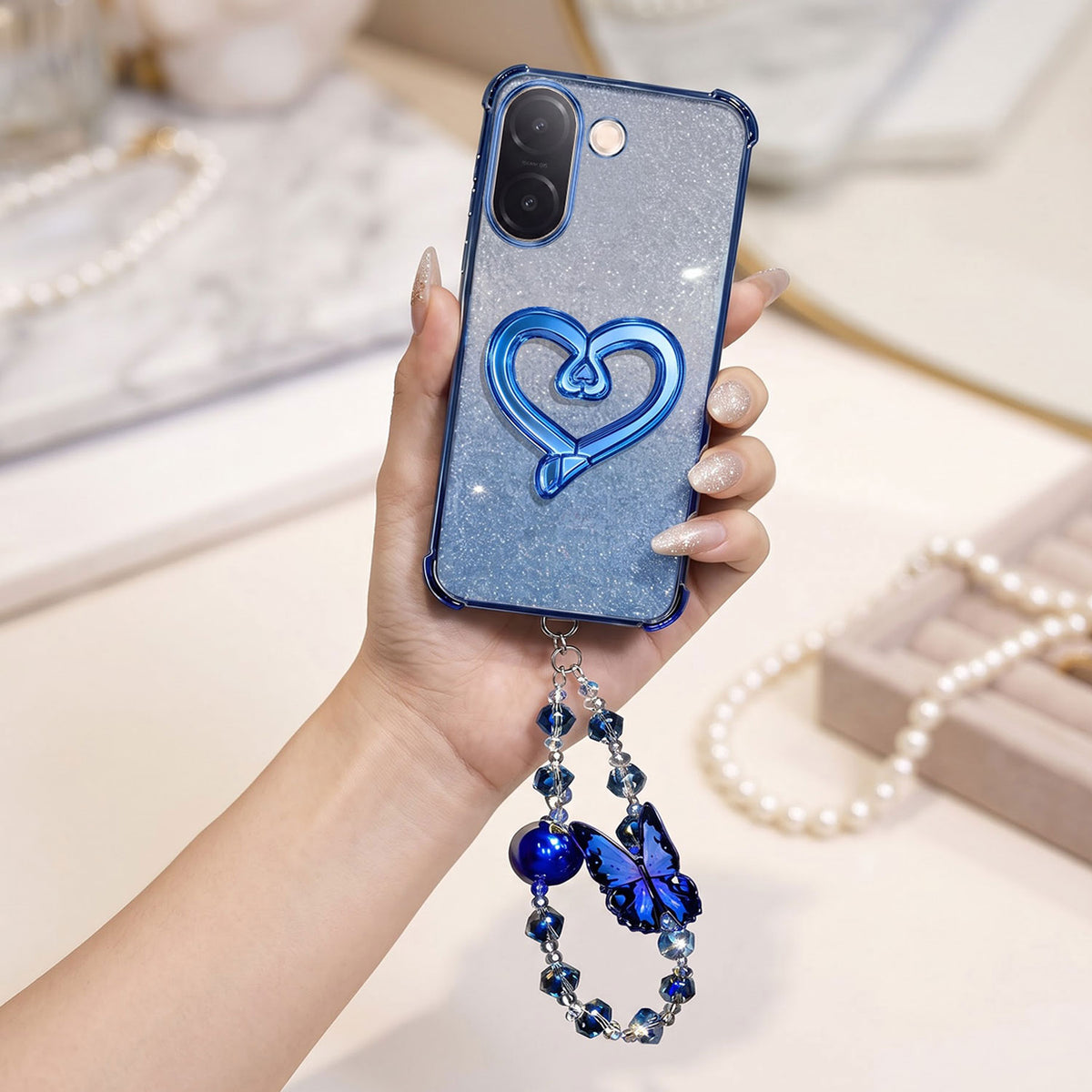 Vivo V60e 5G Luxury Shimmer Airbag Heart Stand Case with Charm Strap