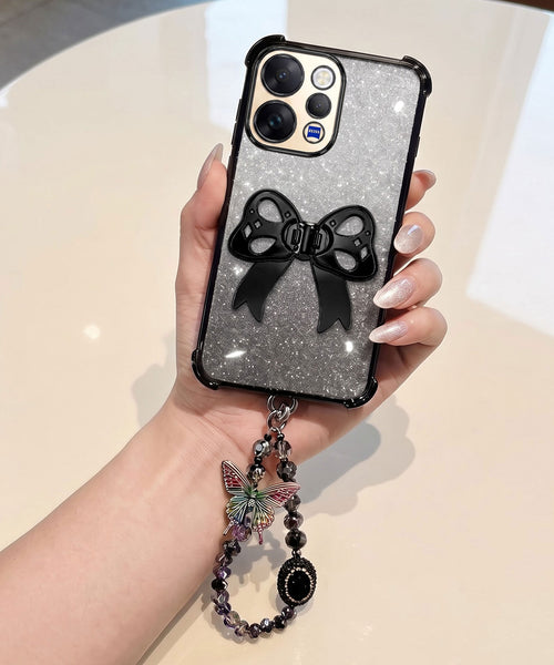 Vivo V70 5G Luxury Shimmer Airbag Bow Stand Case with Charm Strap