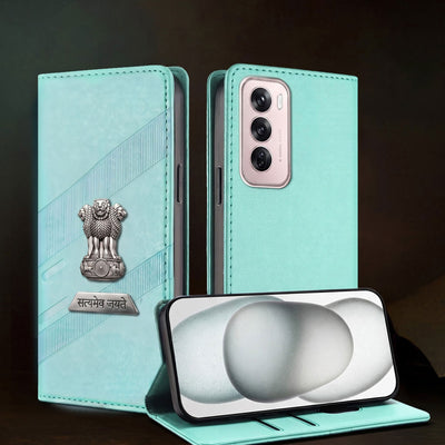 Oppo Reno 12 Pro 5G Metal Satyamev Jayate 2-in-1 Emblem Magnetic Flip Wallet Case