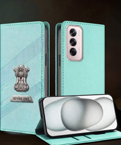 Oppo Reno 12 Pro 5G Metal Satyamev Jayate 2-in-1 Emblem Magnetic Flip Wallet Case