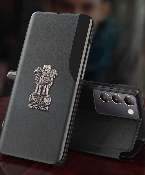 Vivo T3 5G Metal Emblem Satyamev Jayate Half Window Leather Flip Case