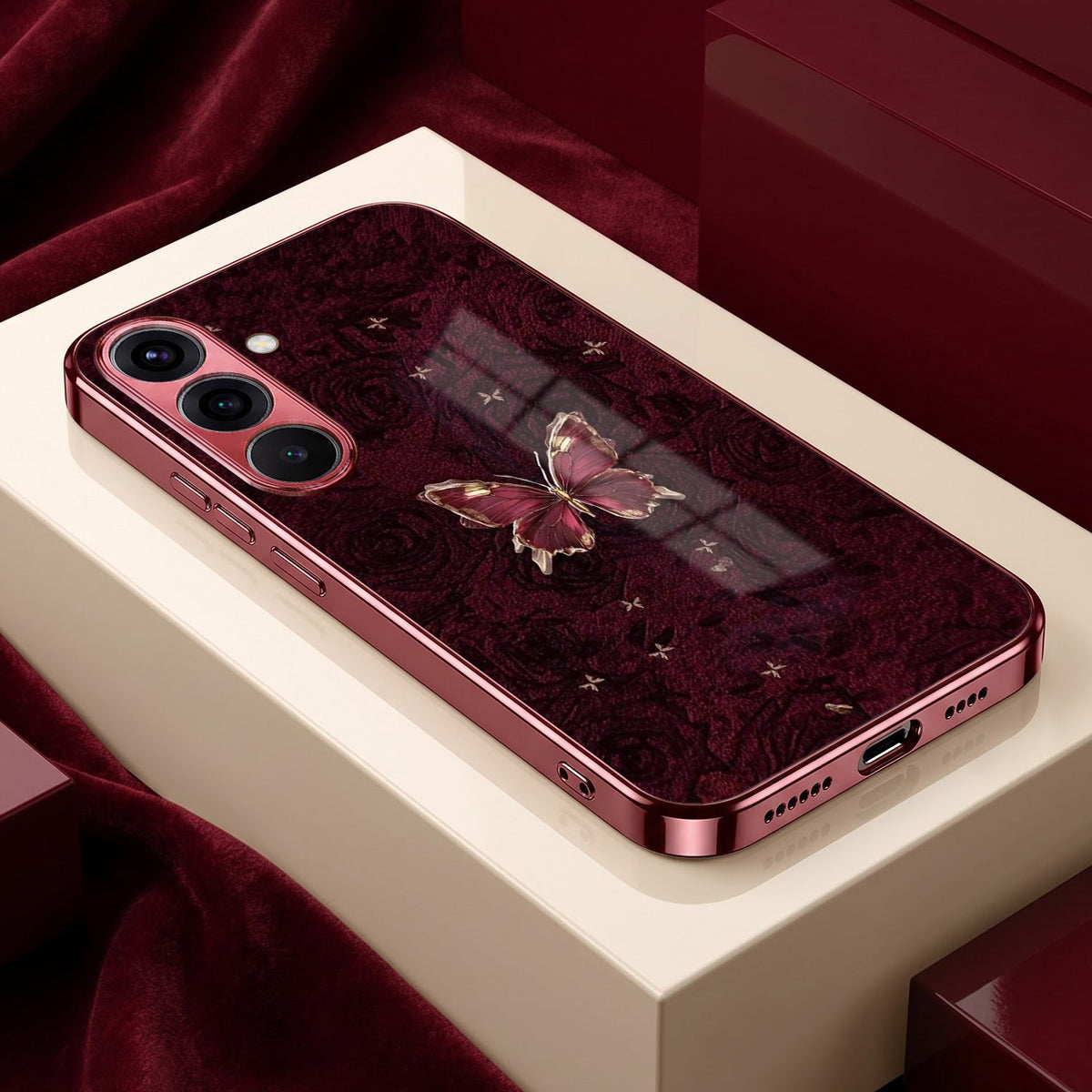Samsung Galaxy A36 5G Butterfly Burgundy Electroplated Glass Back Case
