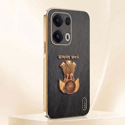 Oppo Reno 13 Satyamev Jayate 3D Electroplated Frame Gold Thread Pattern Hard Back Case