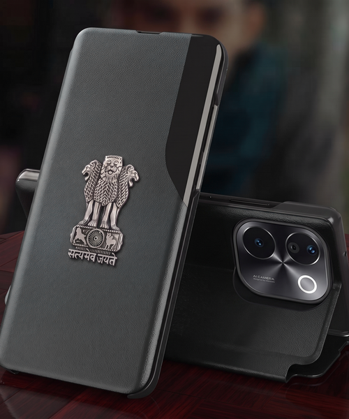 Vivo T3 Pro 5G Metal Emblem Satyamev Jayate Half Window Leather Flip Case