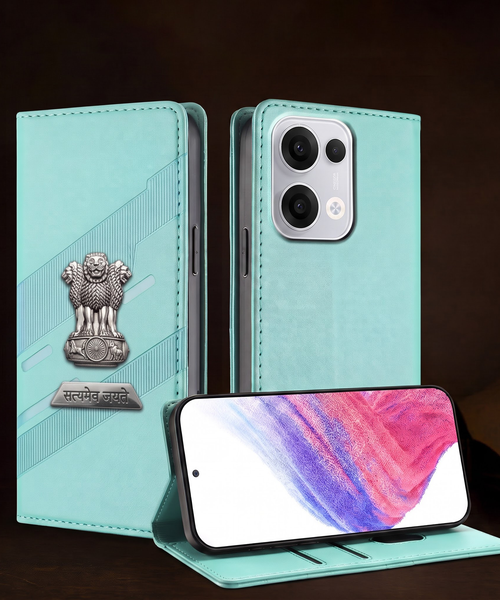 Oppo Reno 13 5G Metal Satyamev Jayate 2-in-1 Emblem Magnetic Flip Wallet Case